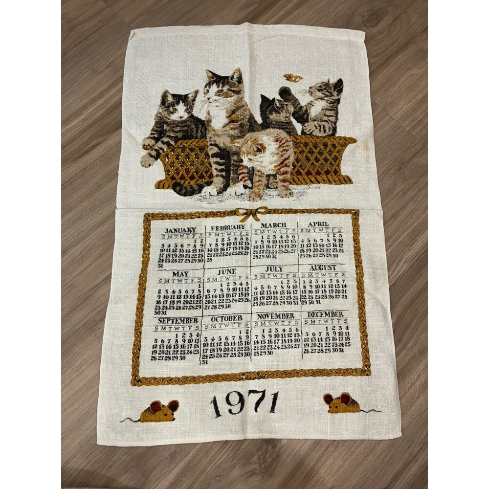 Vintage Linen Tea Towel 1971 Collector Calendar Jackson Kittens In Basket 17x28